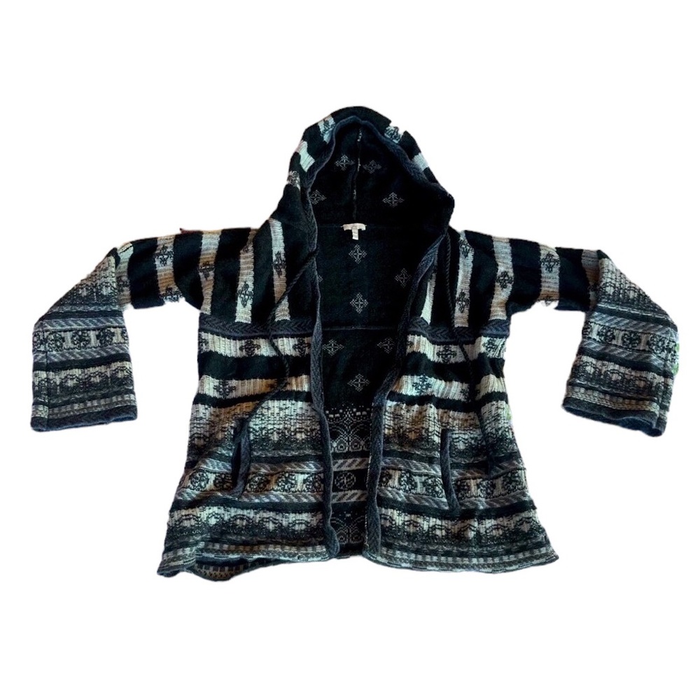Joie Black and White Bohemian Fair isle Open Front Hooded Sweater